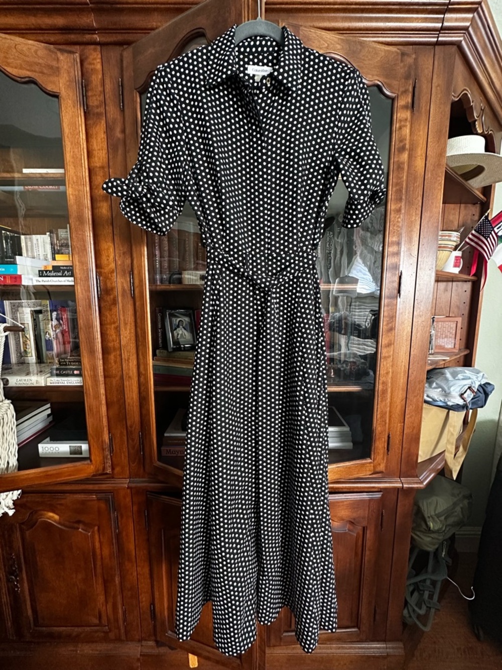 Calvin Klein Black and White Polka Dot Maxi Shirt Dress